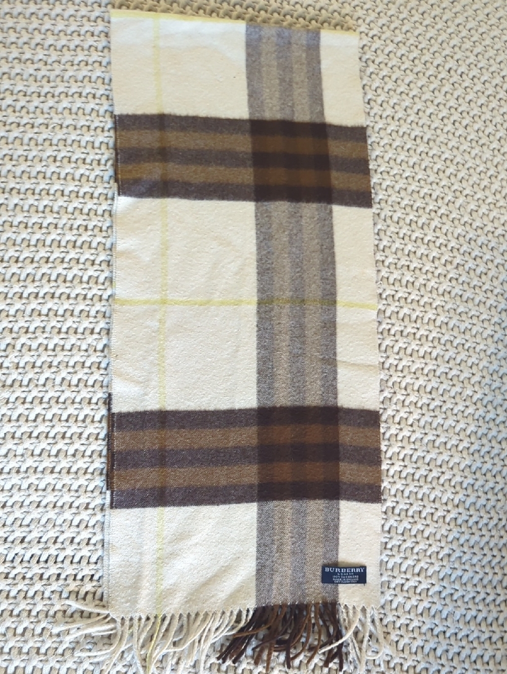 Burberry London 100% Cashmere Nova Check Scarf In Cream And Brown With Yellow - Picture 4 of 7